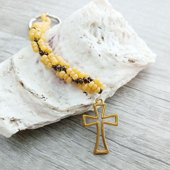 Beaded Cross Keychain, Seed Bead, Yellow Gold Bronze, 6.5" - Picture 2 of 4